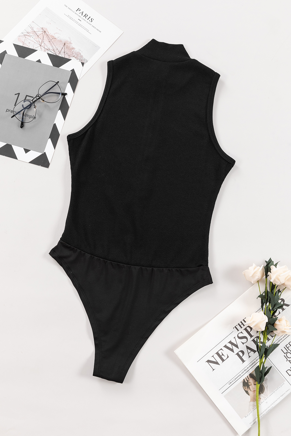 Black Zip up Mock Neck Ribbed Sleeveless Bodysuit - loveforevers