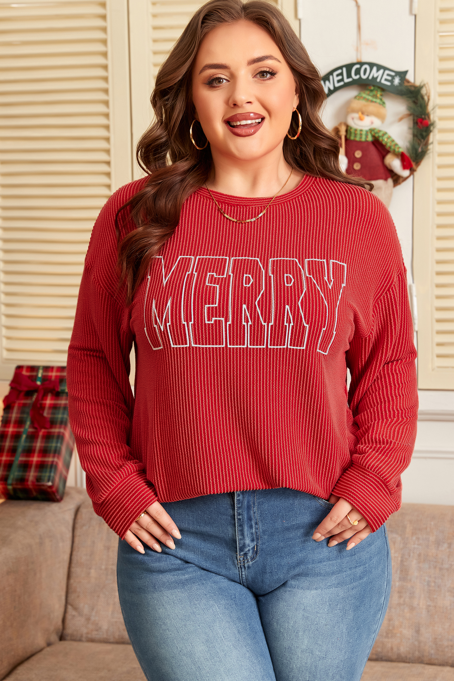 Evergreen Twisted Rib Outlined Merry Letter Graphic Loose Long Sleeve Top - loveforevers