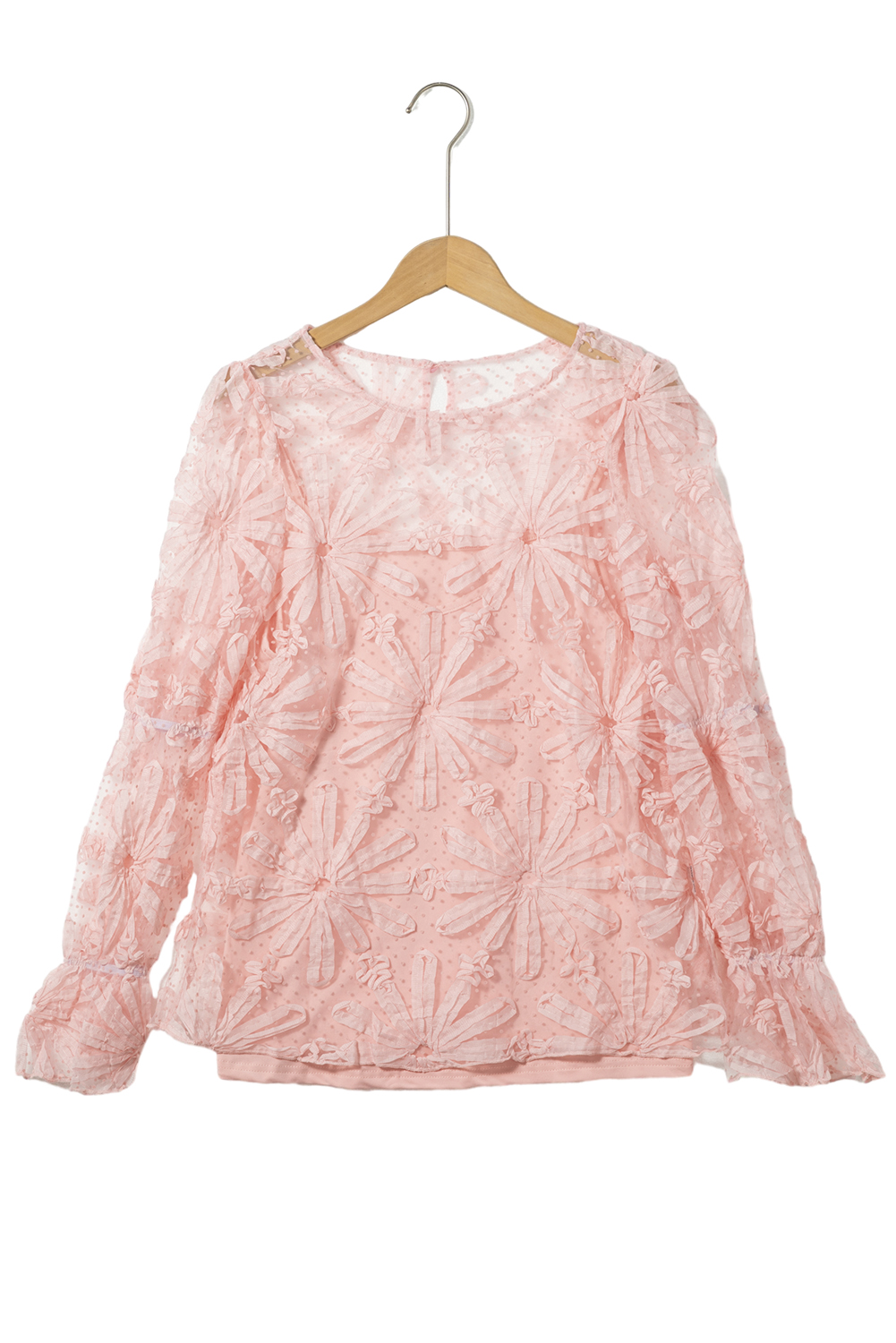 Pink Flower Dotted Ruffled Sleeve Mesh Top - loveforevers