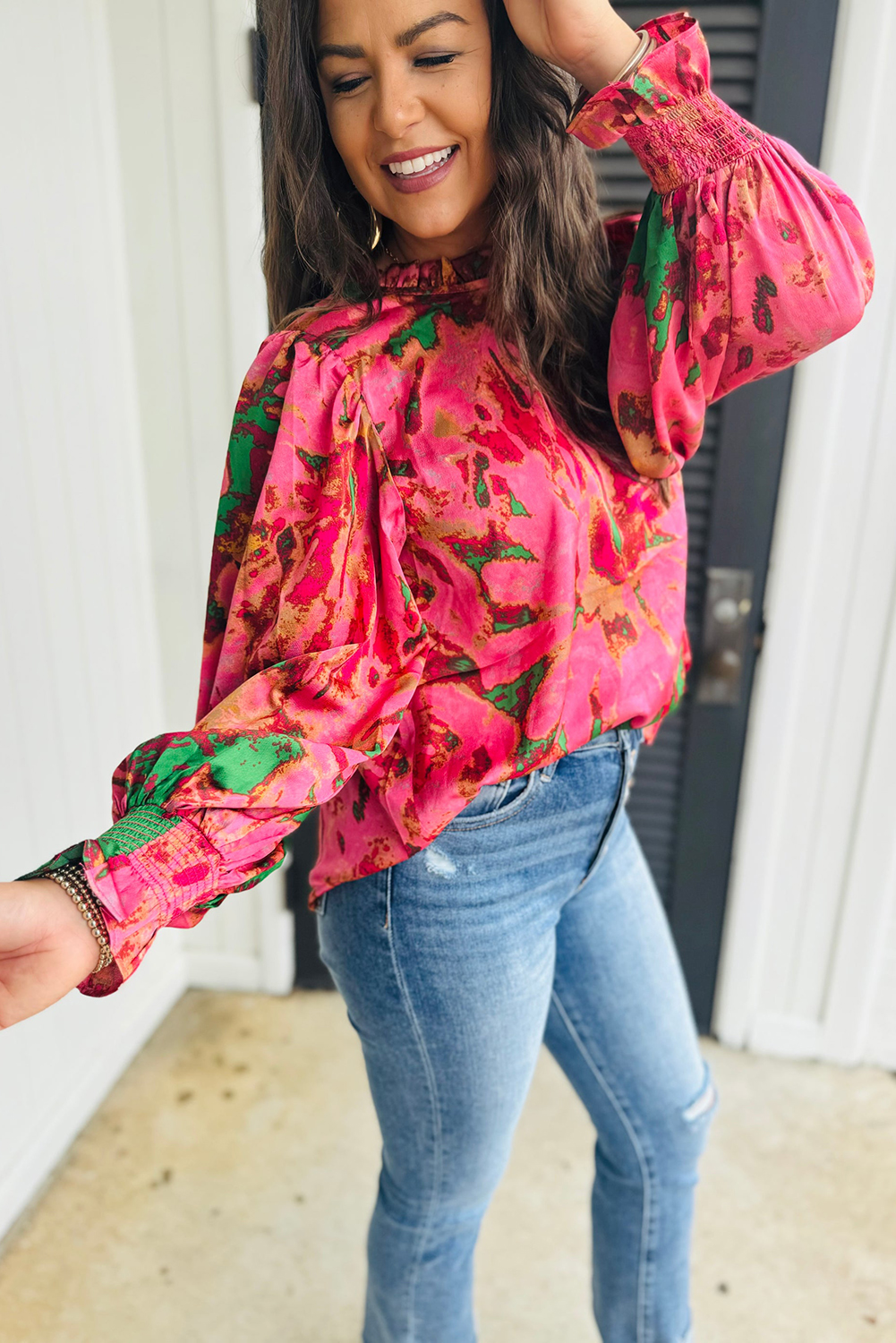 Rose Abstract Print Frilly Neckline Puff Sleeve Blouse - loveforevers