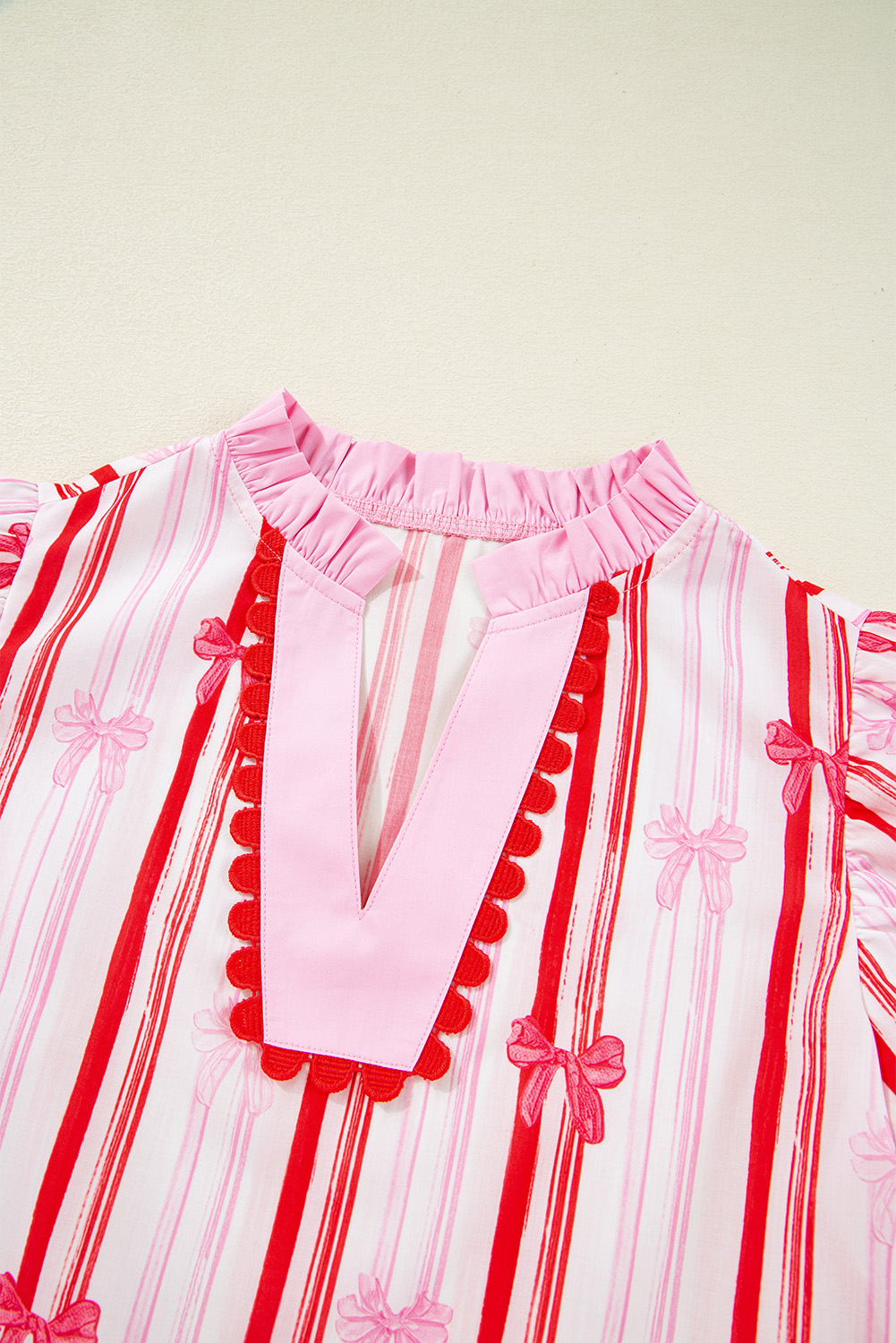 Pink Ric-rac Trim Ruffled Sleeve V Neck Bow Striped Printed Blouse - loveforevers