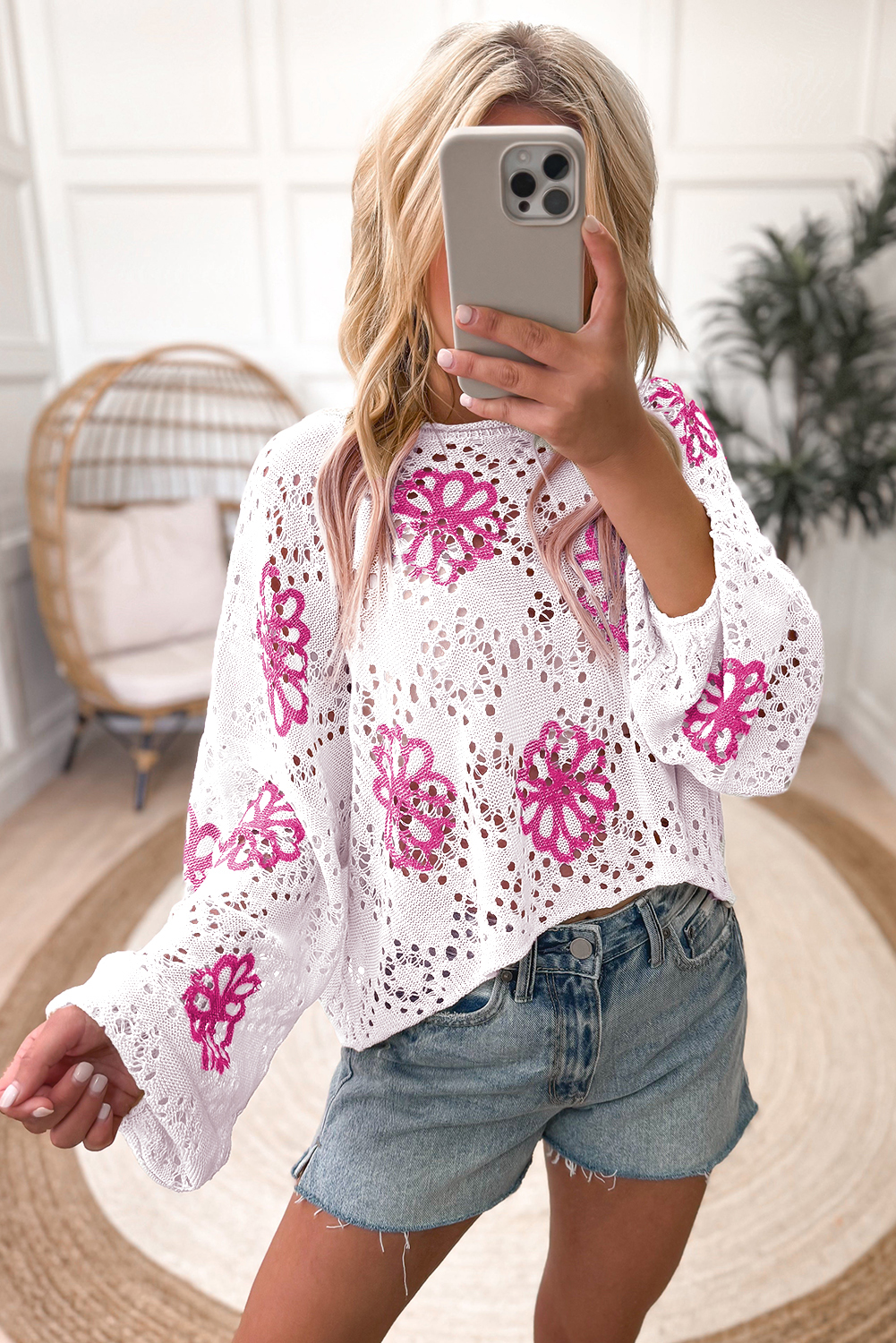 Beige Contrast Flower Print Eyelet Drop Shoulder Sweater - loveforevers