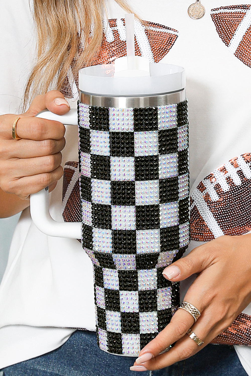 Black Full Rhinestone Checkerboard Handled Tumbler 40oz - loveforevers