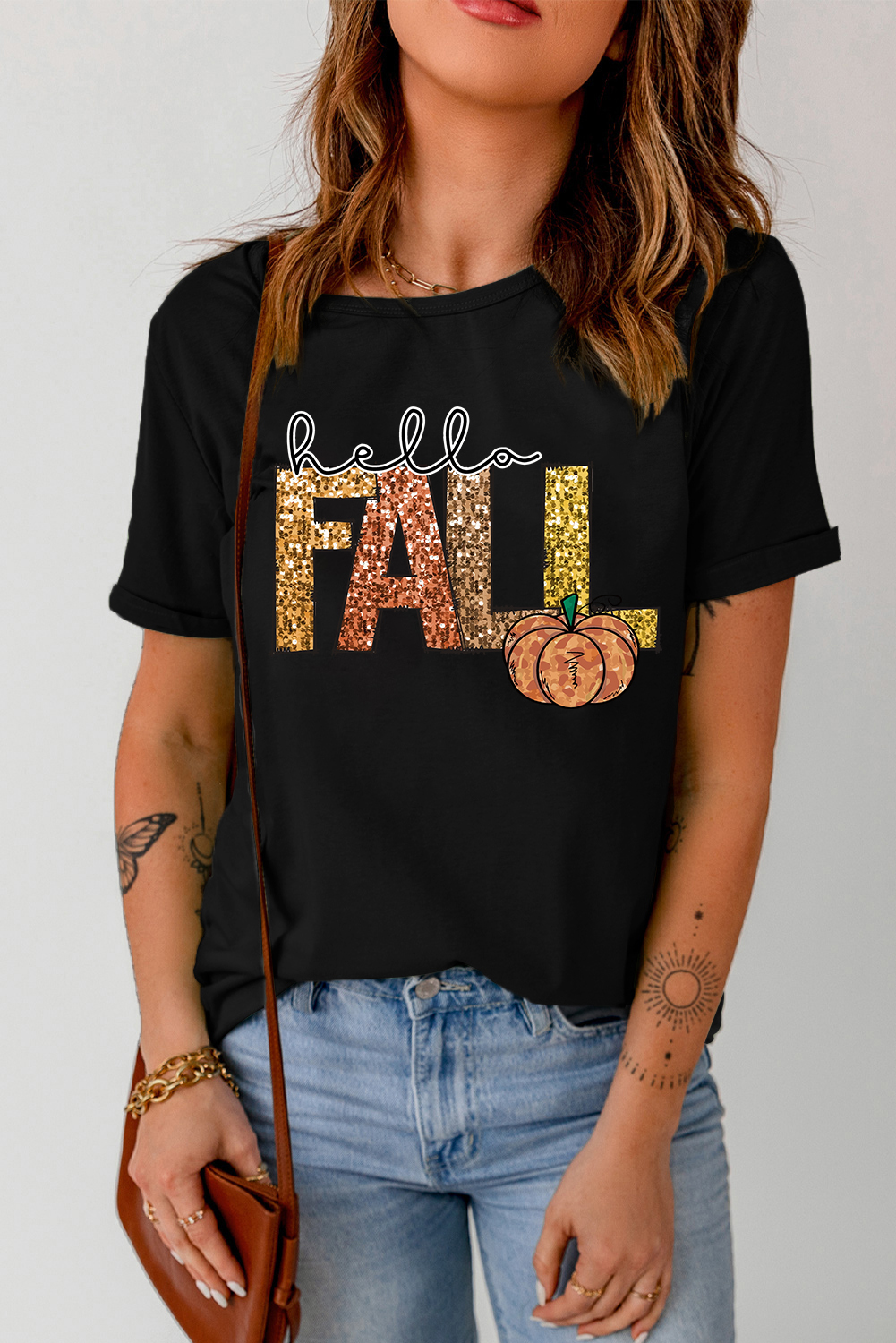 Black Hello Fall Letter Pumpkin Printed Thanksgiving T Shirt - loveforevers