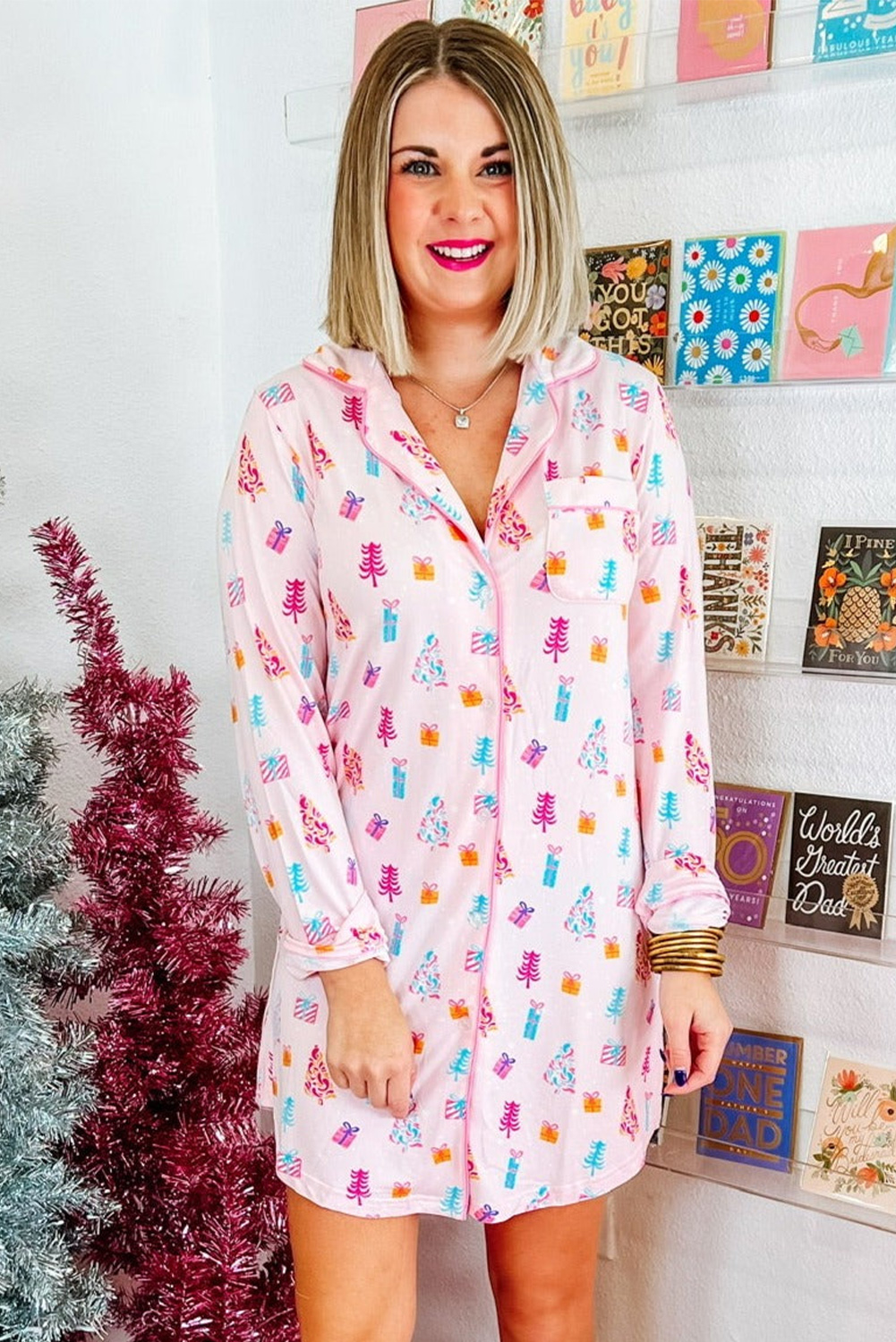 Pink Christmas Twinkle Tree Print Shirt Sleep Dress - loveforevers