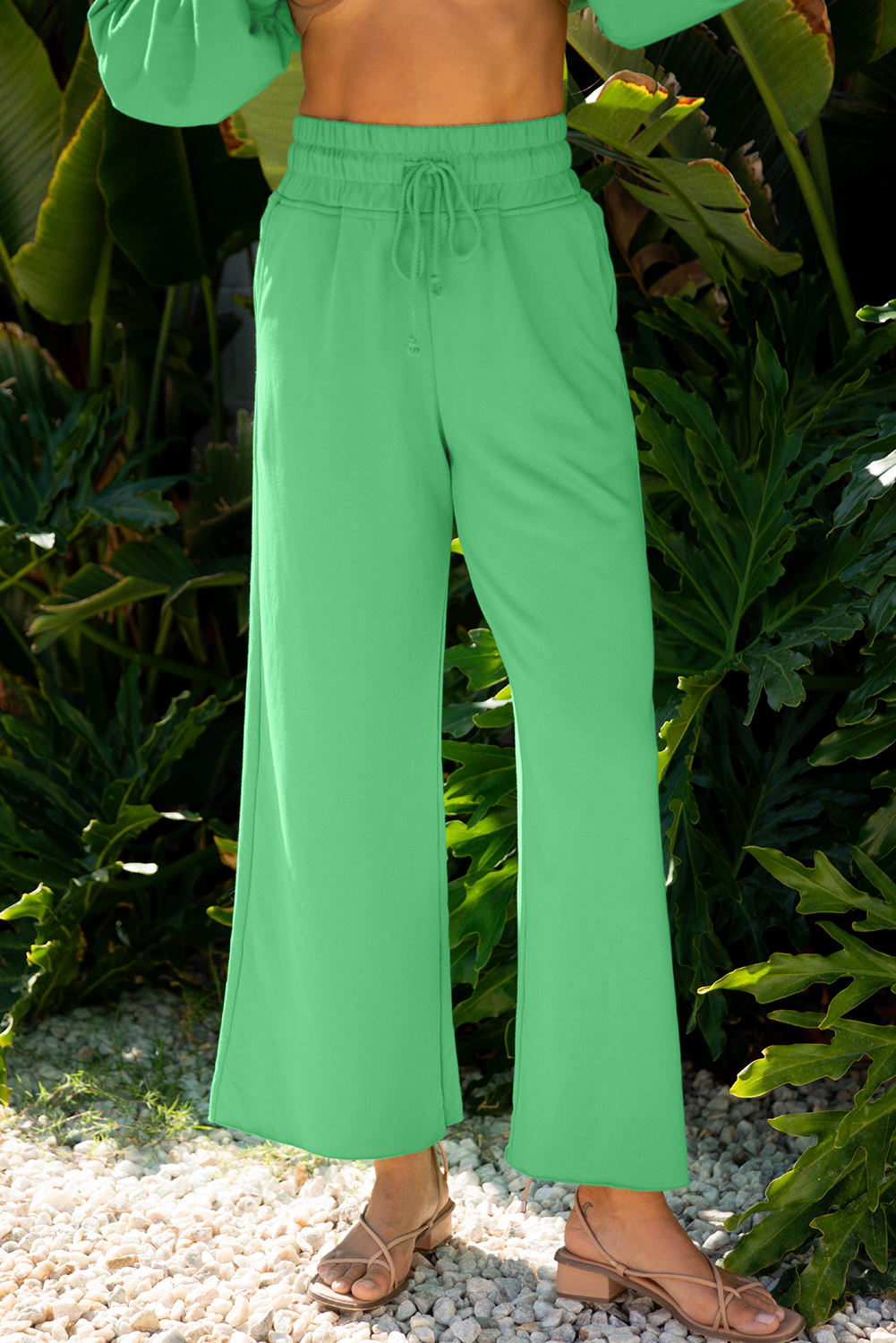 Bright Green Drop Shoulder Puff Sleeve Crop Pullover Drawstring Wide Leg Pants Set - loveforevers