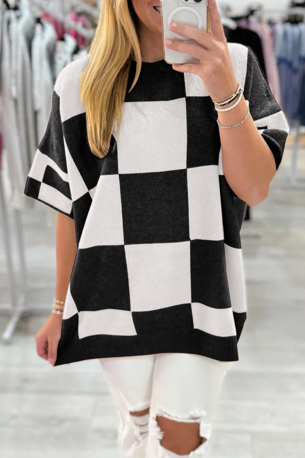 Black Checkered Pattern Loose Drop Shoulder Half Sleeve Sweater - loveforevers