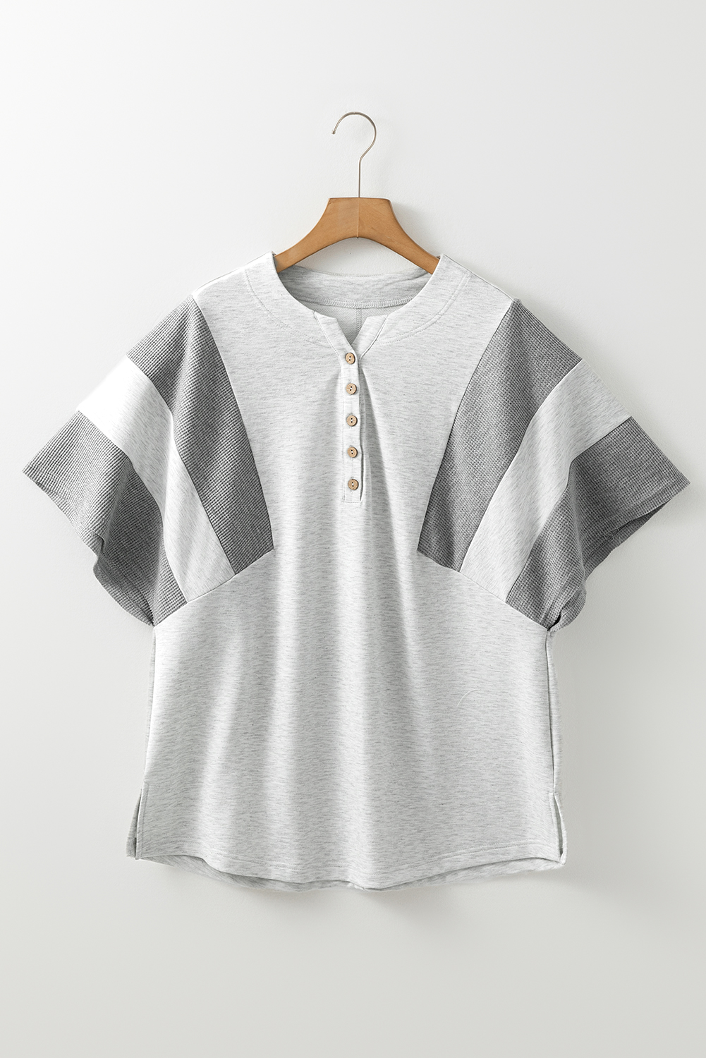 Dearlovers Light Grey Two Tone Contrast Waffle Knit Patched Buttoned V Neck Top - loveforevers