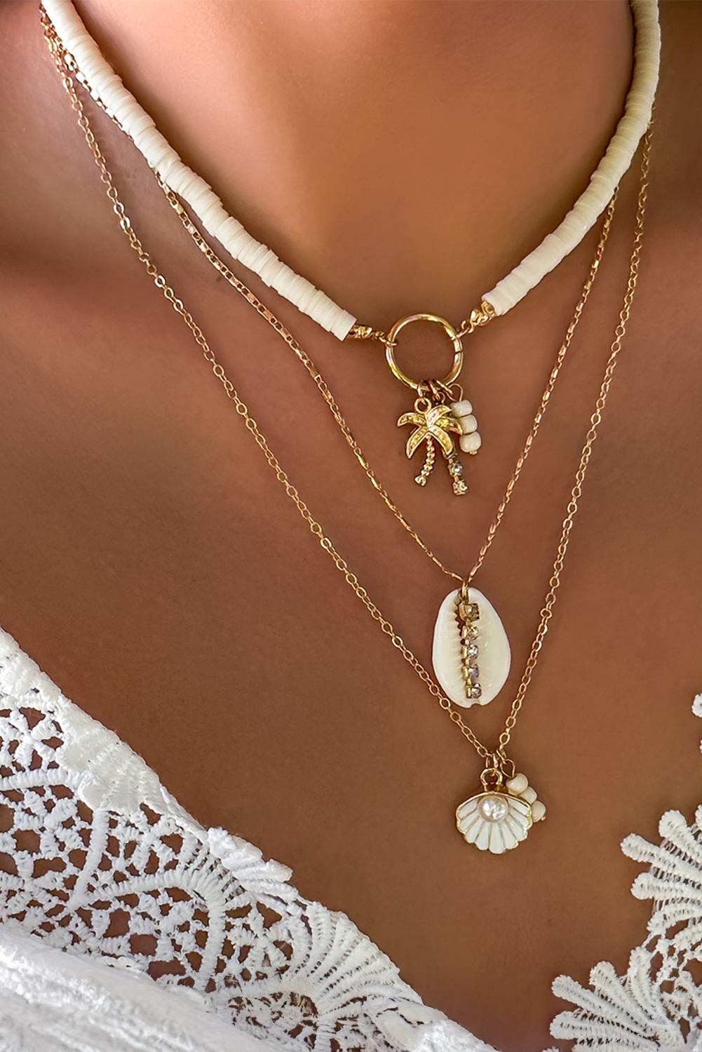 White Beach Seashell Multi Layered Pendant Necklace - loveforevers