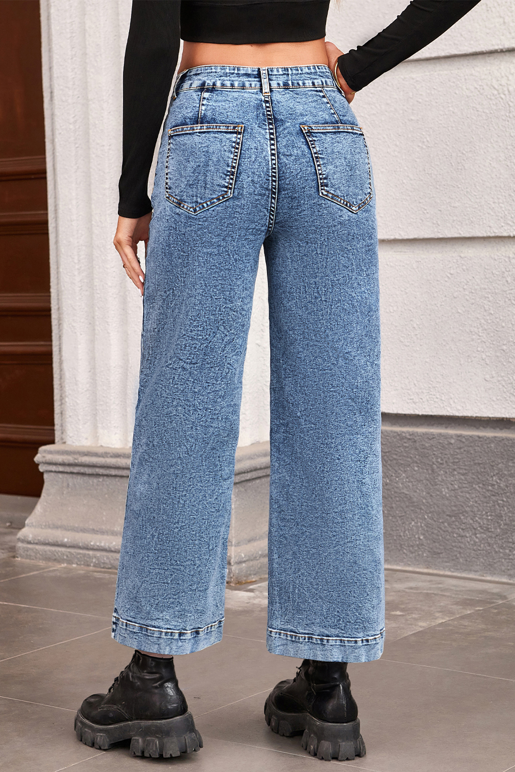 Light Blue Chic Patch Pocket Straight Leg Loose Jeans - loveforevers
