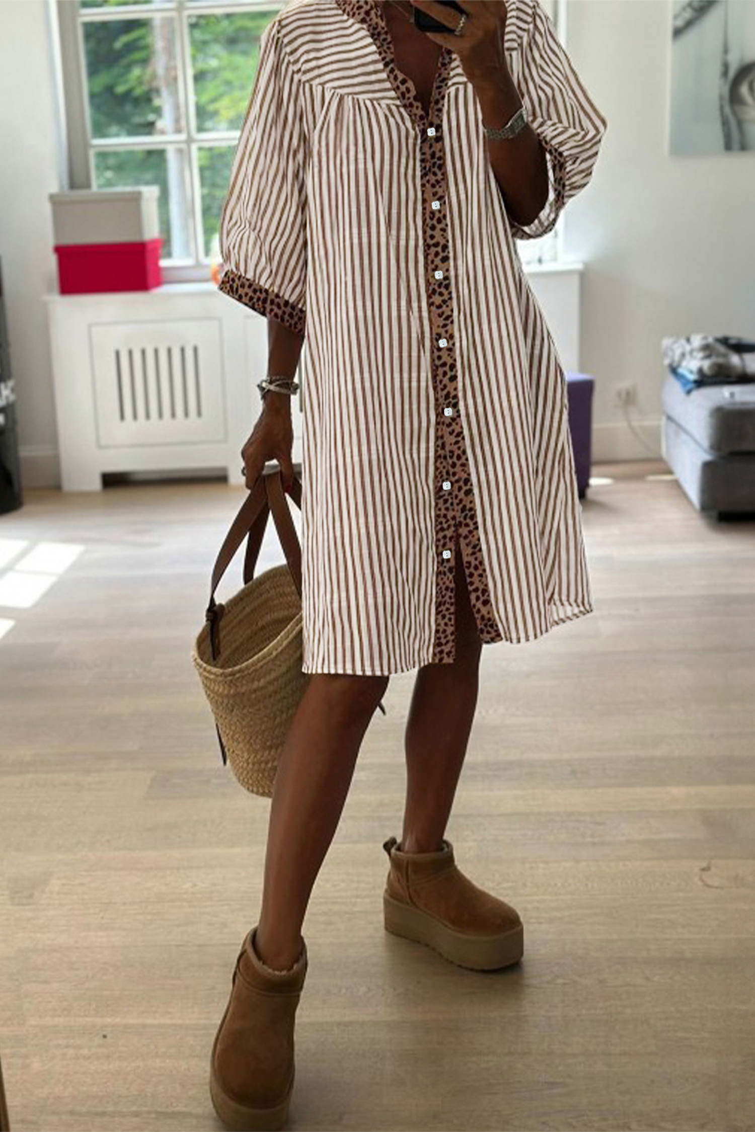 Khaki Stripe Square Button Leopard Trim Loose Bracelet Sleeve Shirt Dress - loveforevers