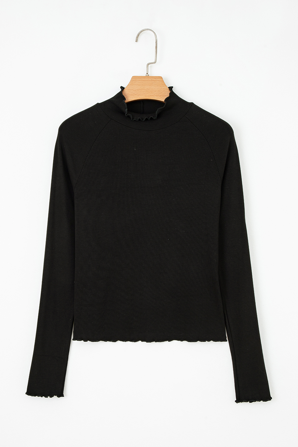 Black Ribbed Knit Lettuce Trim High Neck Long Sleeve Top - loveforevers