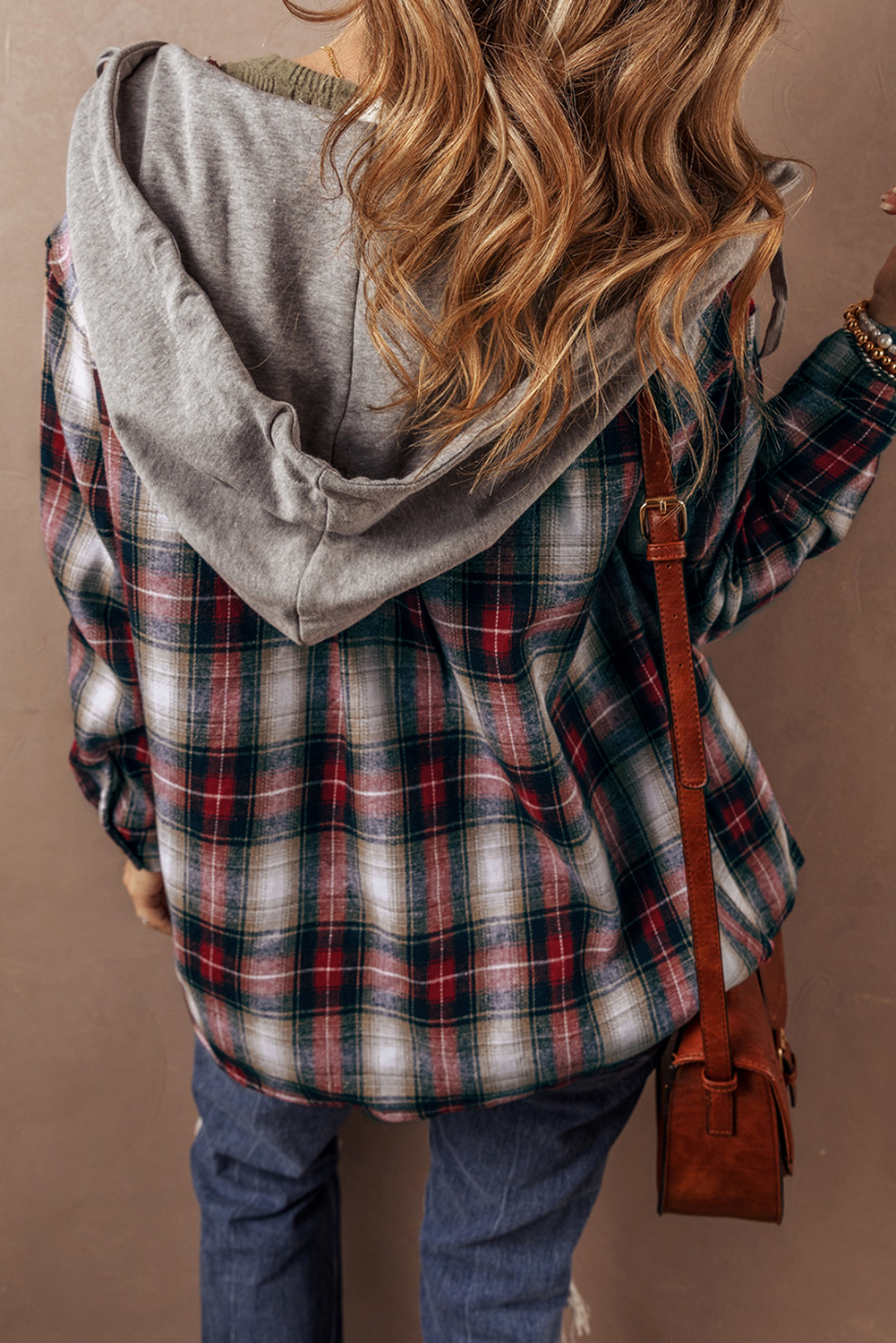 Red Plaid Print Chest Pocket Buttoned Hooded Shacket - loveforevers