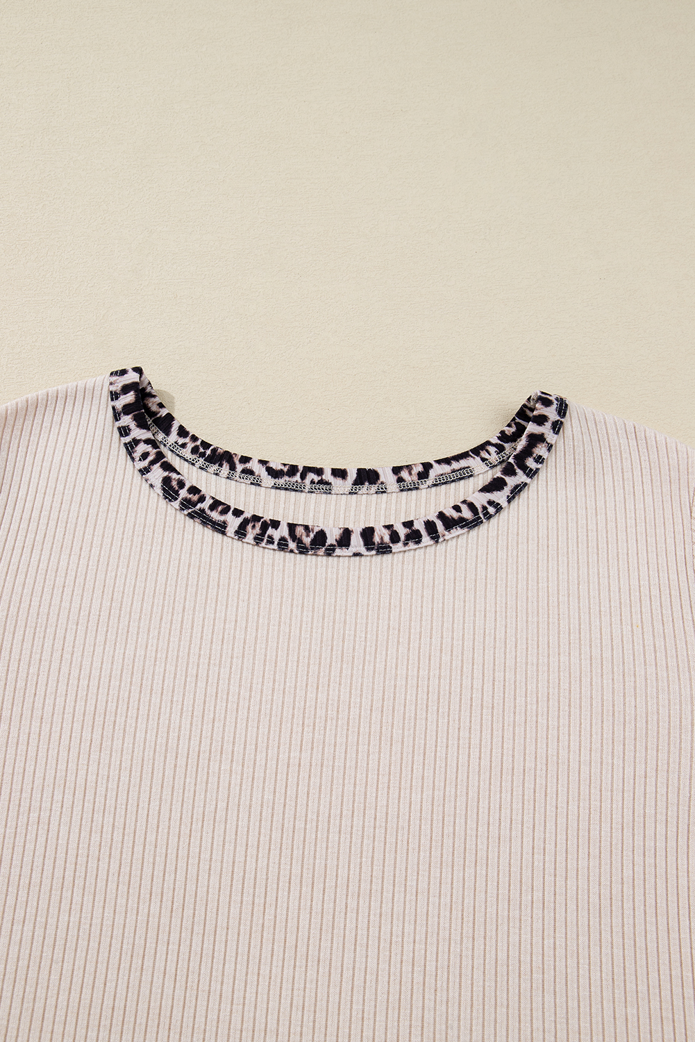 Parchment Ribbed Contrast Leopard Edge Round Neck Plus Knit Top - loveforevers