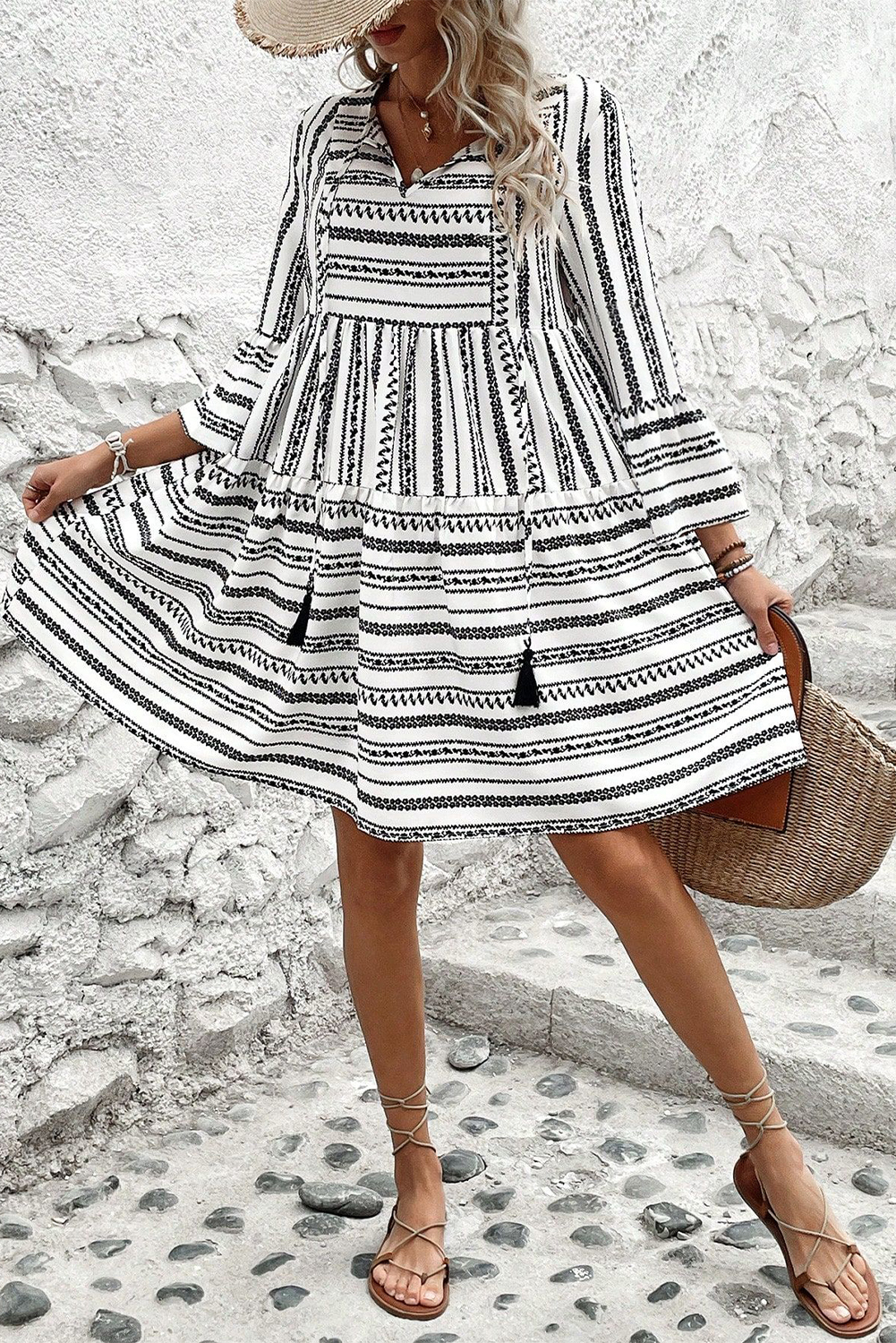 Black Stripe V Neck Bell Sleeve High Waist Mini Dress - loveforevers