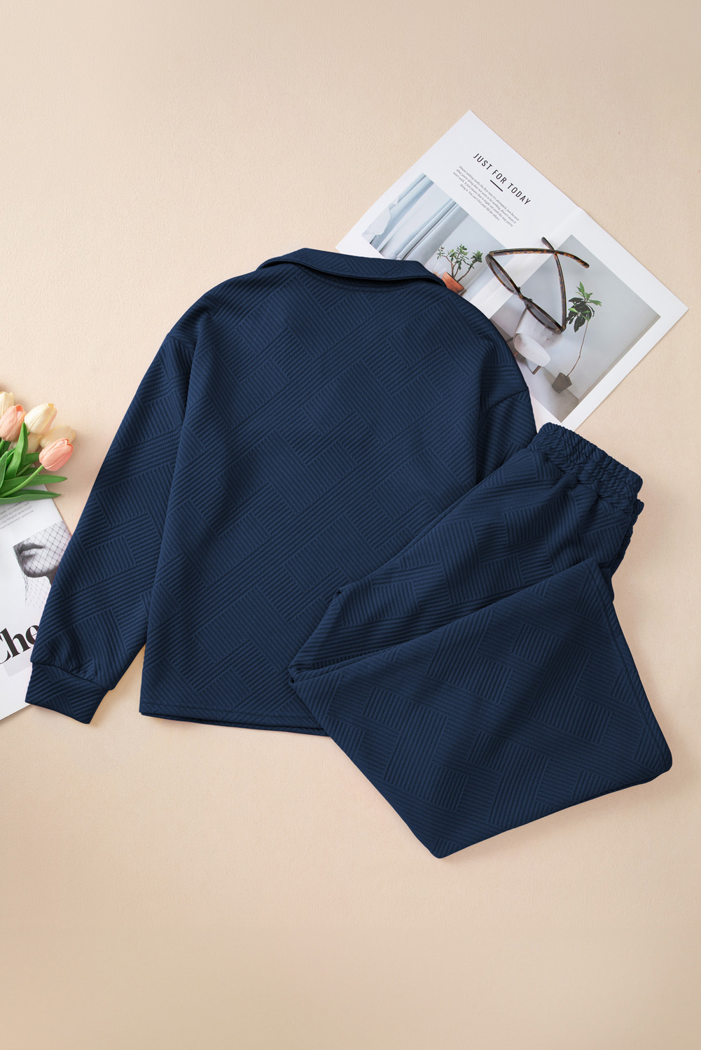Sail Blue Solid Textured Collared V Neck Top and Wide Leg Pants Set - loveforevers