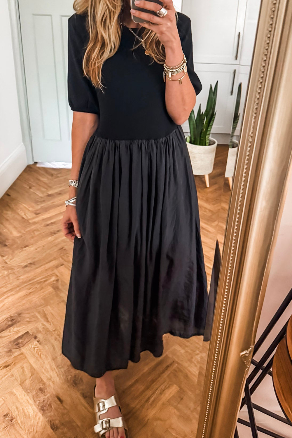 Black Short Sleeve Knit Top Patchwork Pleated Long Dress - loveforevers