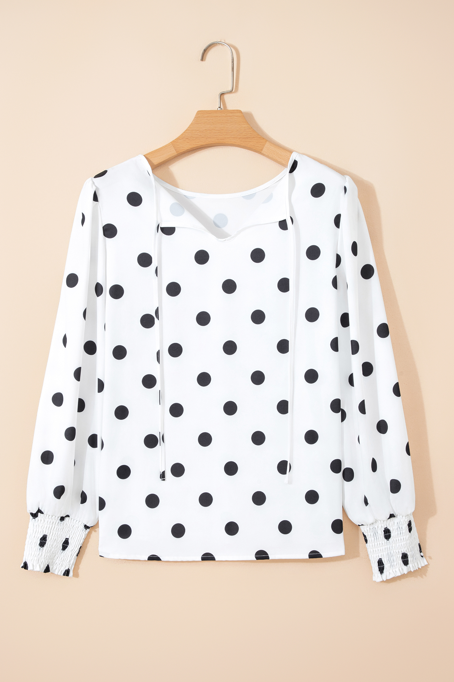 White Polka Dot Print Round Neck Frilled Long Sleeve Blouse - loveforevers