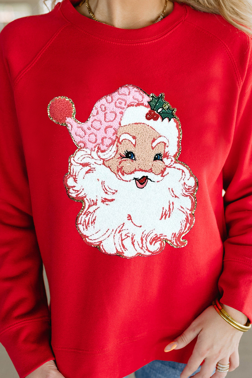 Red Santa Claus Graphic Crewneck Raglan Sleeve Christmas Sweatshirt - loveforevers