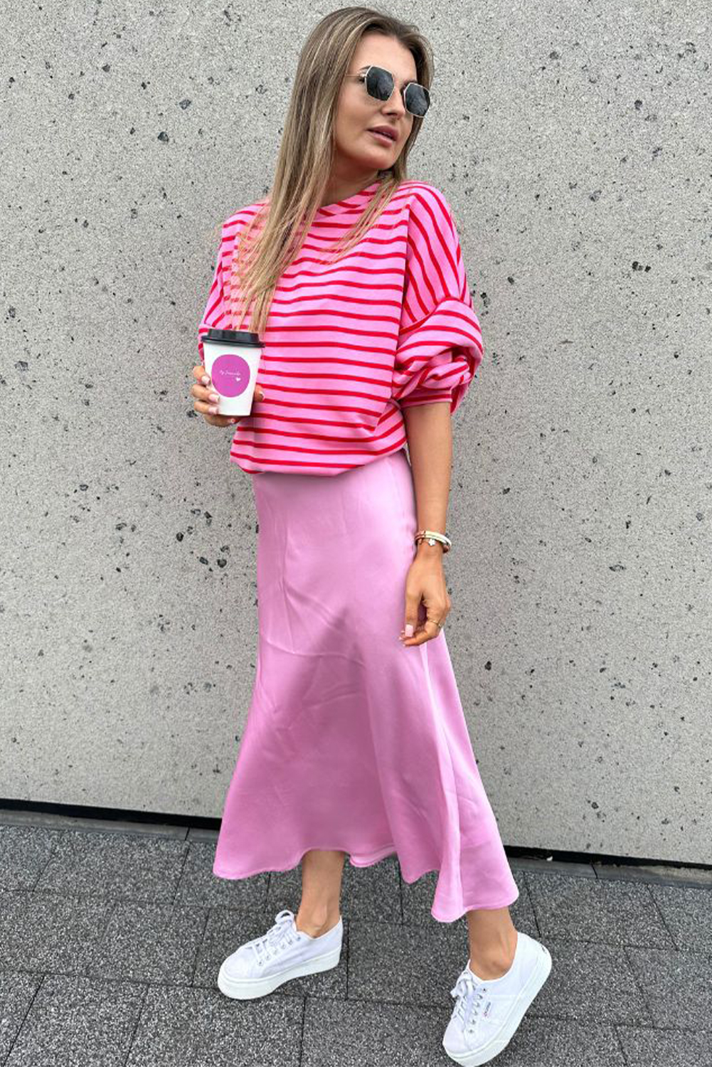 Sachet Pink Striped Print Crew Neck Drop Shoulder Sweatshirt - loveforevers