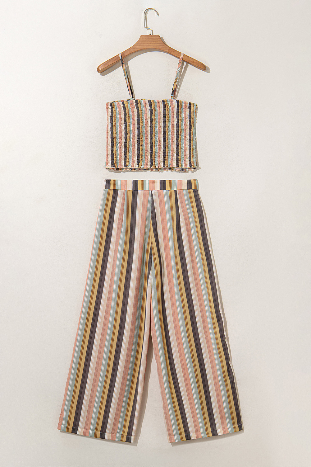 Multicolour Vertical Striped Smocked Cami Top Wide Leg Pants Set - loveforevers