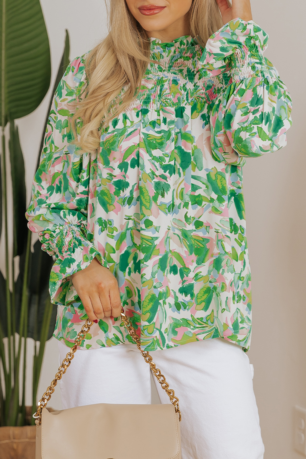 Green Leafy Printed Flounce Sleeve Shirred Mock Neck Blouse - loveforevers