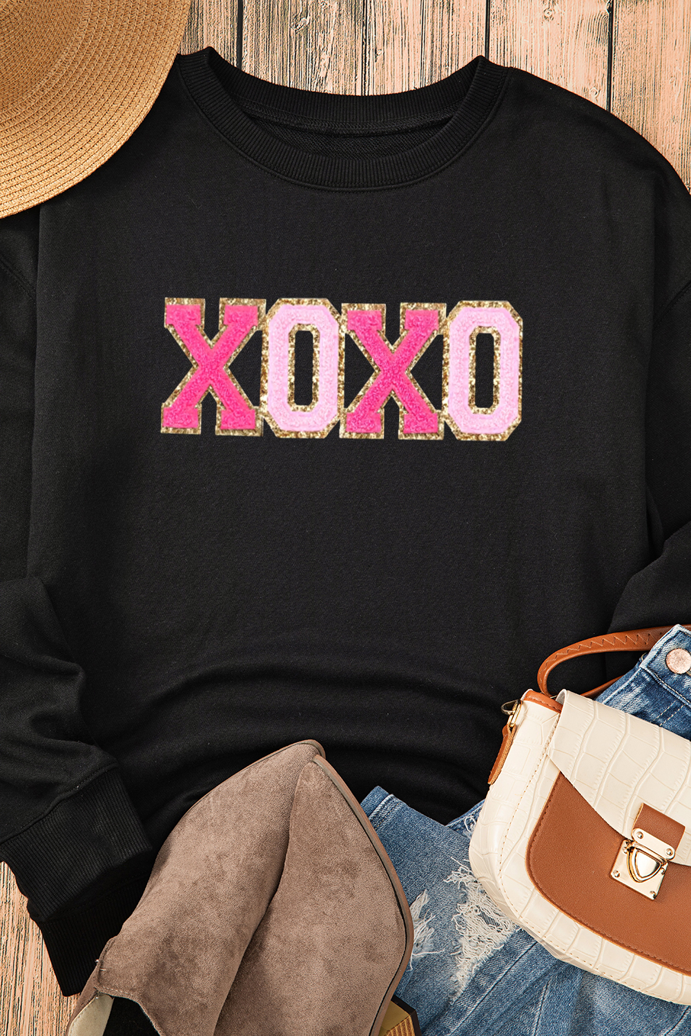 Black Chenille XOXO Patched Drop Shoulder Valentines Pullover Sweatshirt - loveforevers