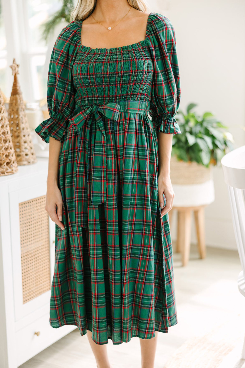 Red Tartan Plaid Square Neck Puff Sleeve Knot Waist Flared Midi Dress - loveforevers