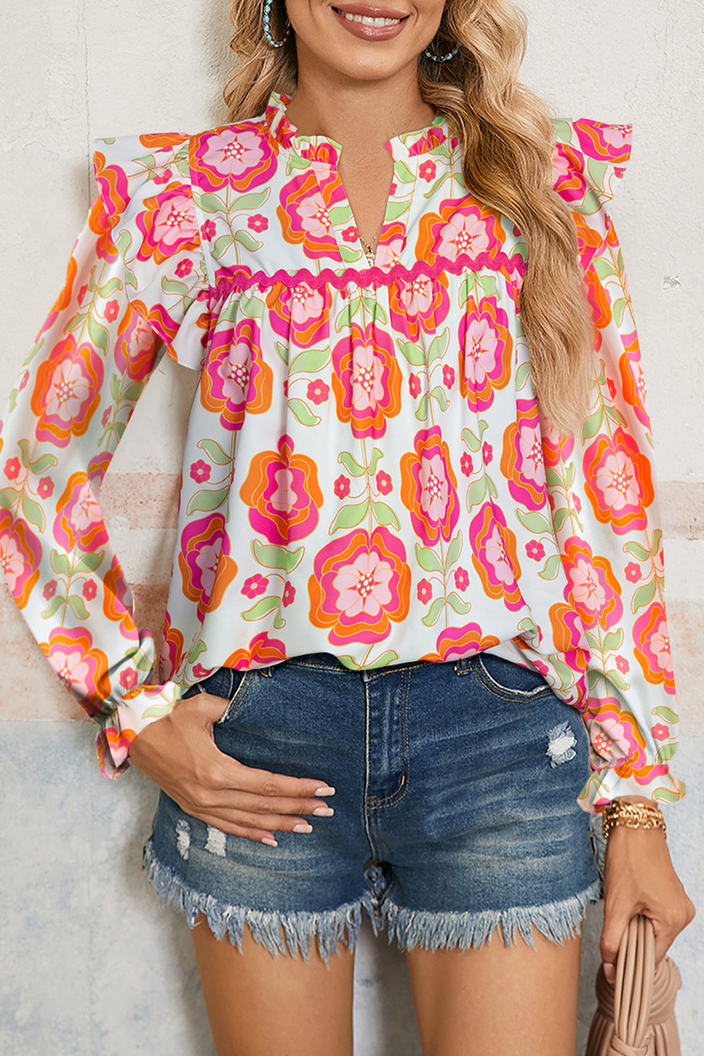 Rose Floral Printed Ruffled Long Sleeve Blouse - loveforevers