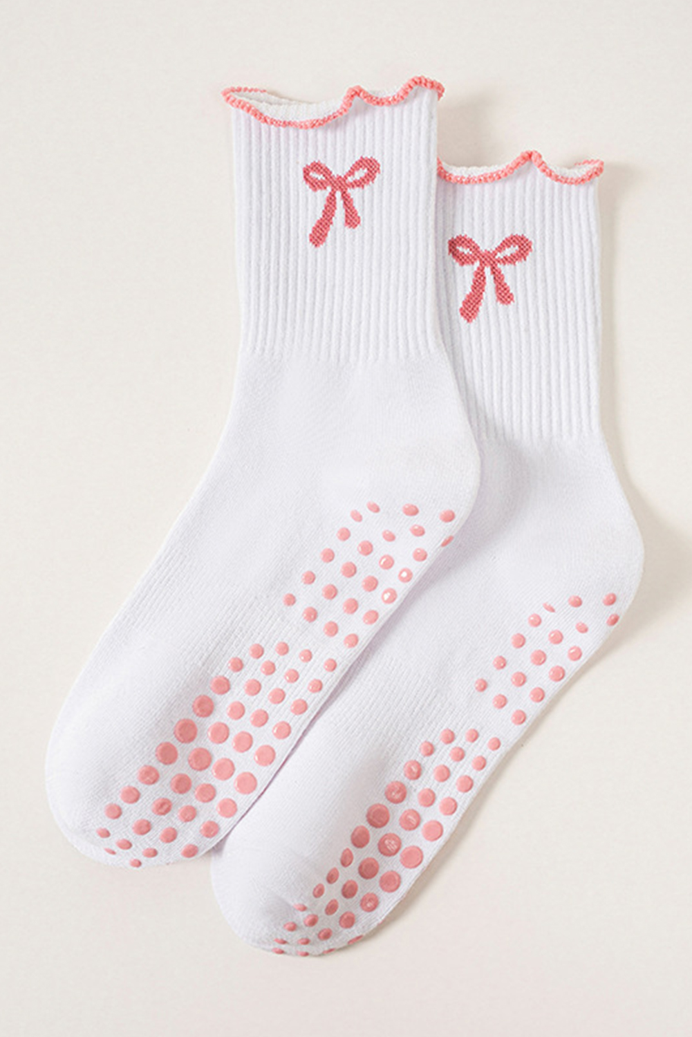 White Bow Print Non-Slip Ruffle Grip Socks - loveforevers