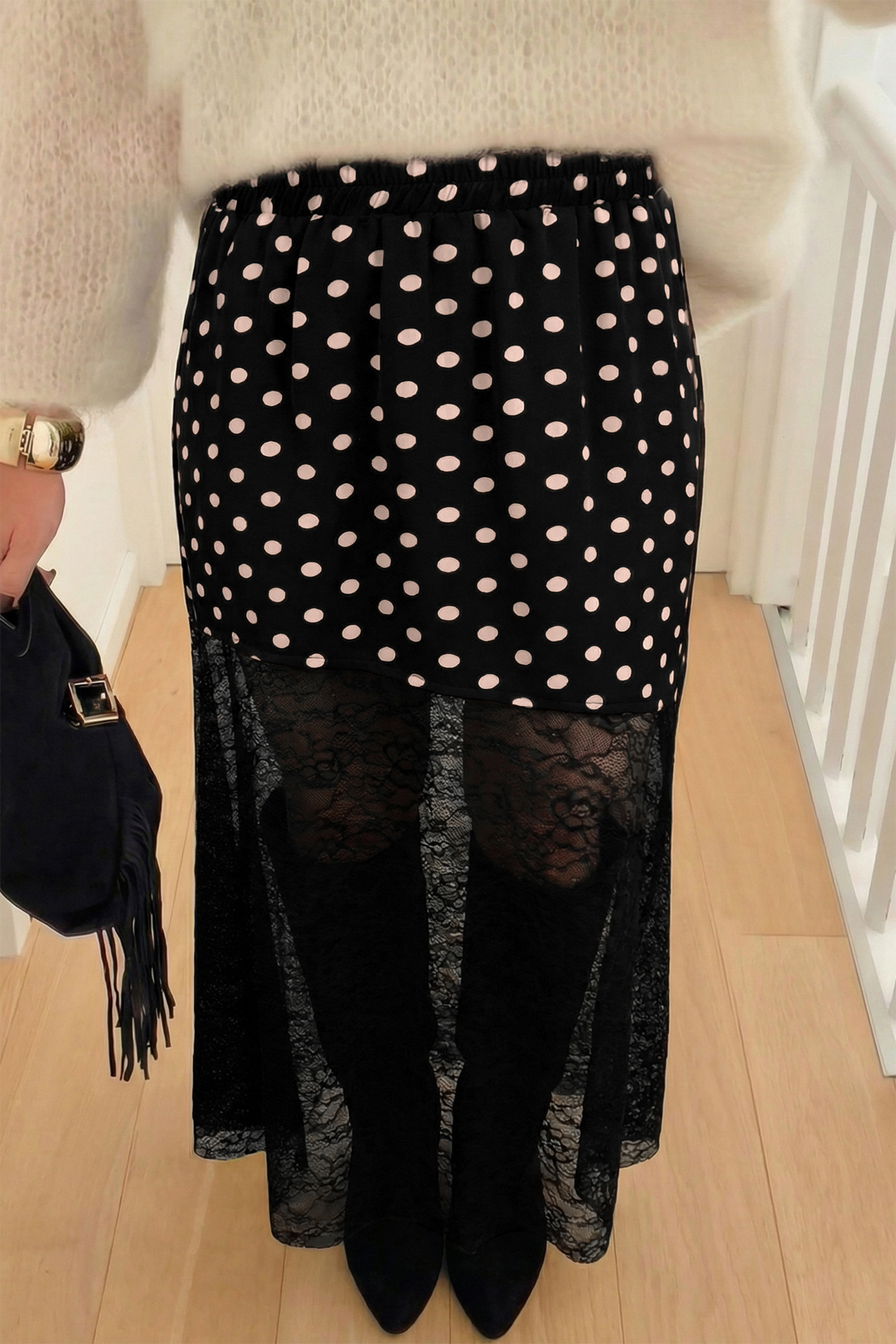 Black Asymmetric Polka Dot Print Sheer Lace Patchwork Maxi Skirt - loveforevers
