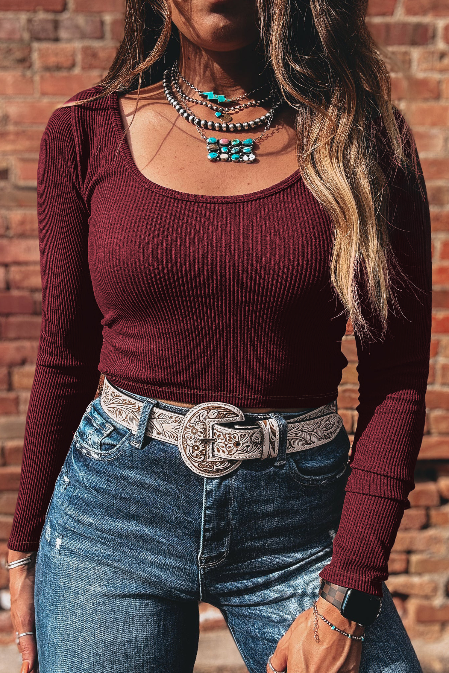 Coffee Ribbed Solid Color U Neck Cropped Long Sleeve Top - loveforevers