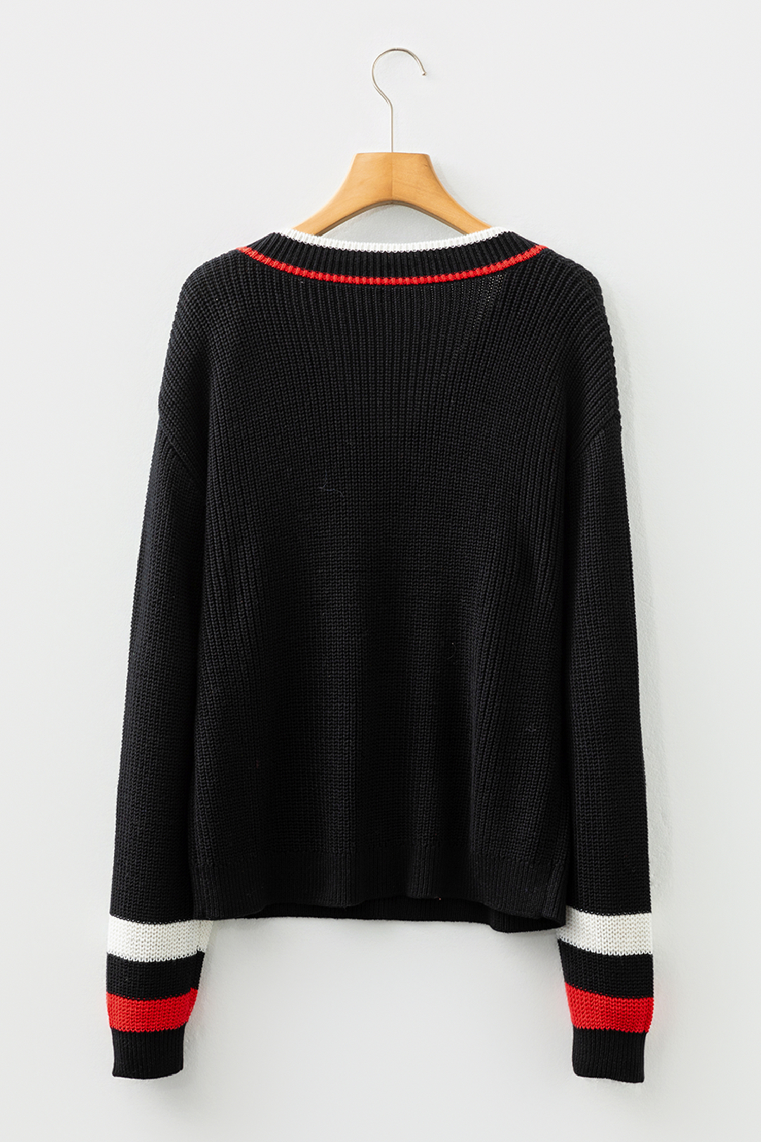 Black Contrast Striped Trim V Neck Drop Shoulder Sweater - loveforevers