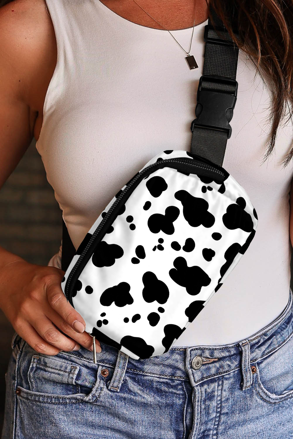 White Cow Pattern Print Buckle Wide Belt Inclined Shoulder Bag - loveforevers
