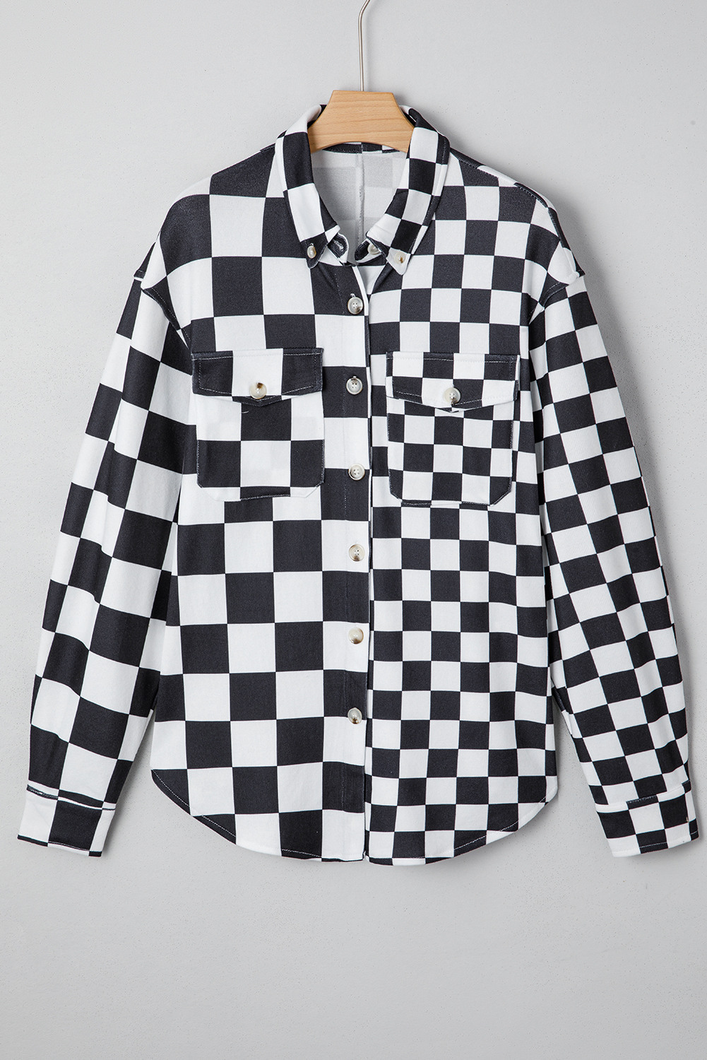 Khaki Checkerboard Flap Pocket Button Front Shacket - loveforevers