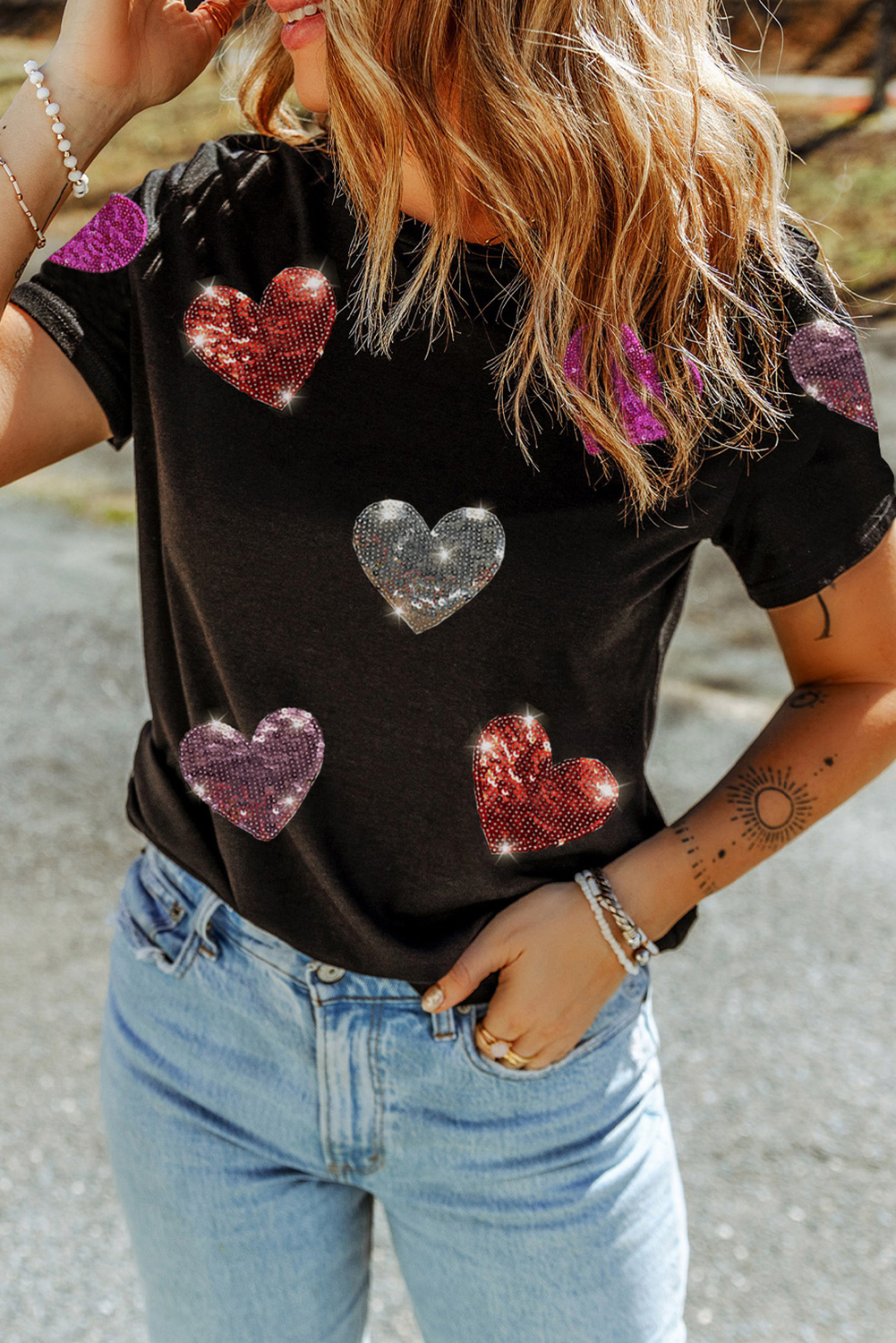 Black Sequin Heart Patched Pattern Crewneck Valentines Tee - loveforevers