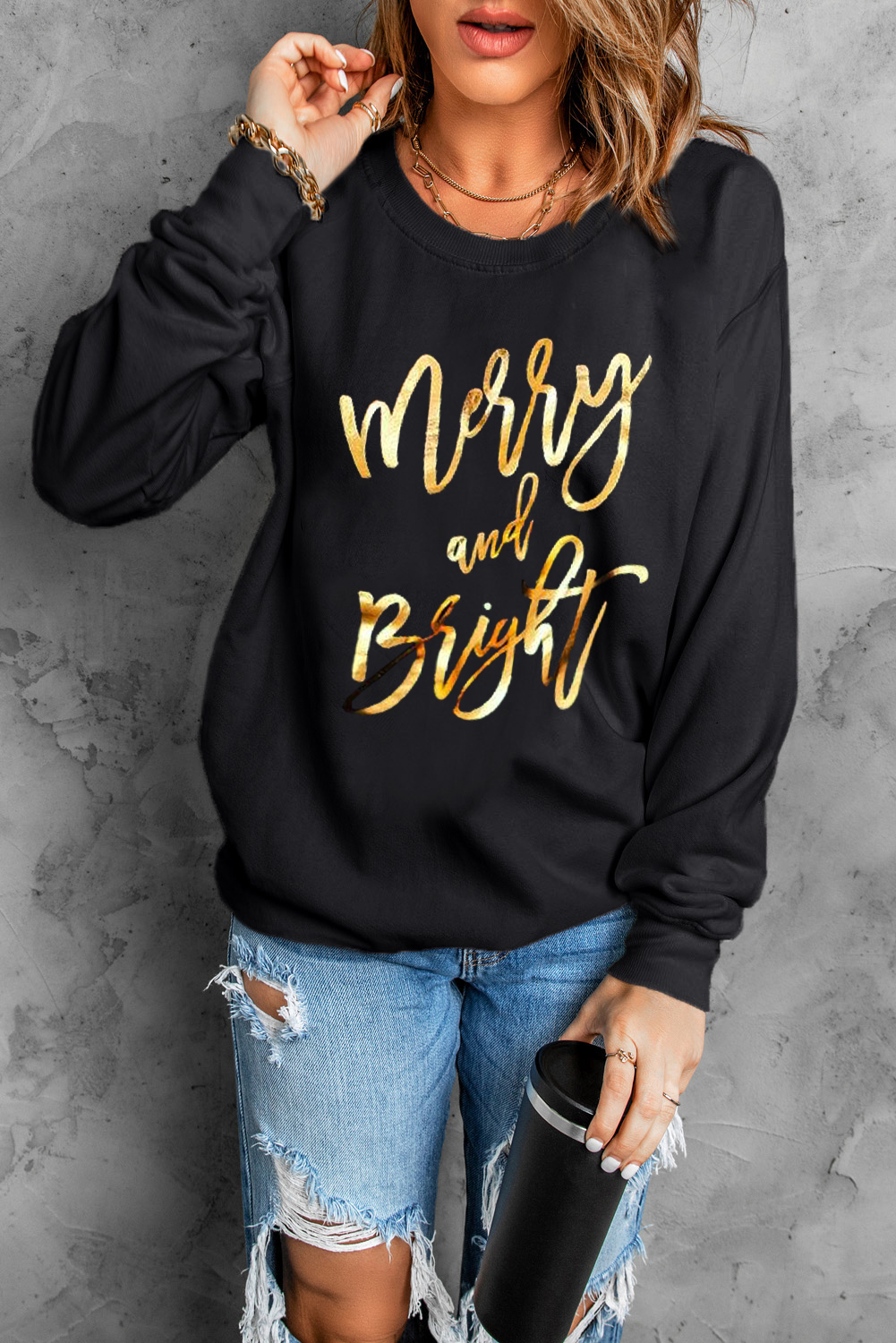 Black  Merry & Bright Letter Print Pullover Sweatshirt - loveforevers