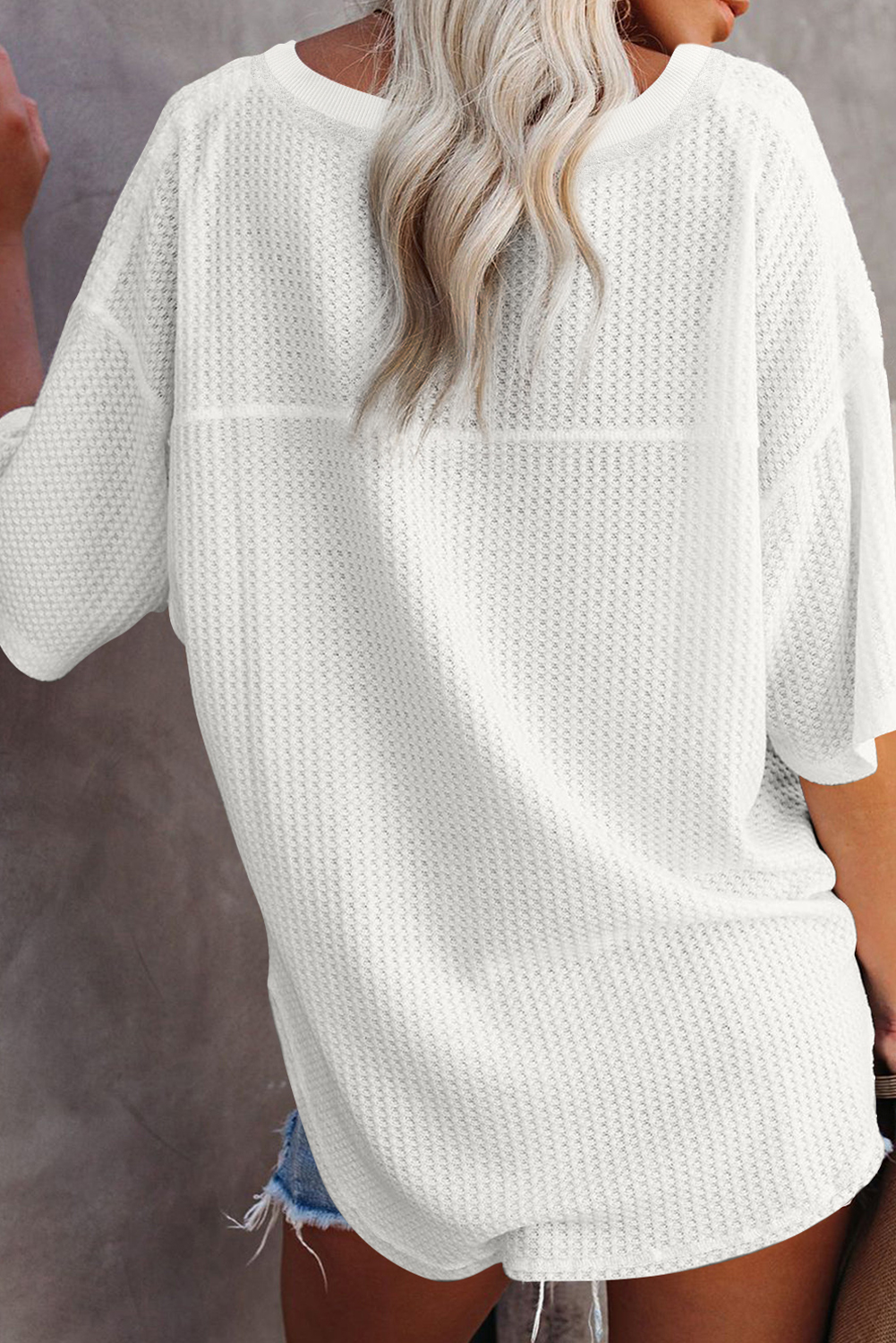 Black Waffle Texture Ribbed V Neck Drop Shoulder Loose Tee - loveforevers