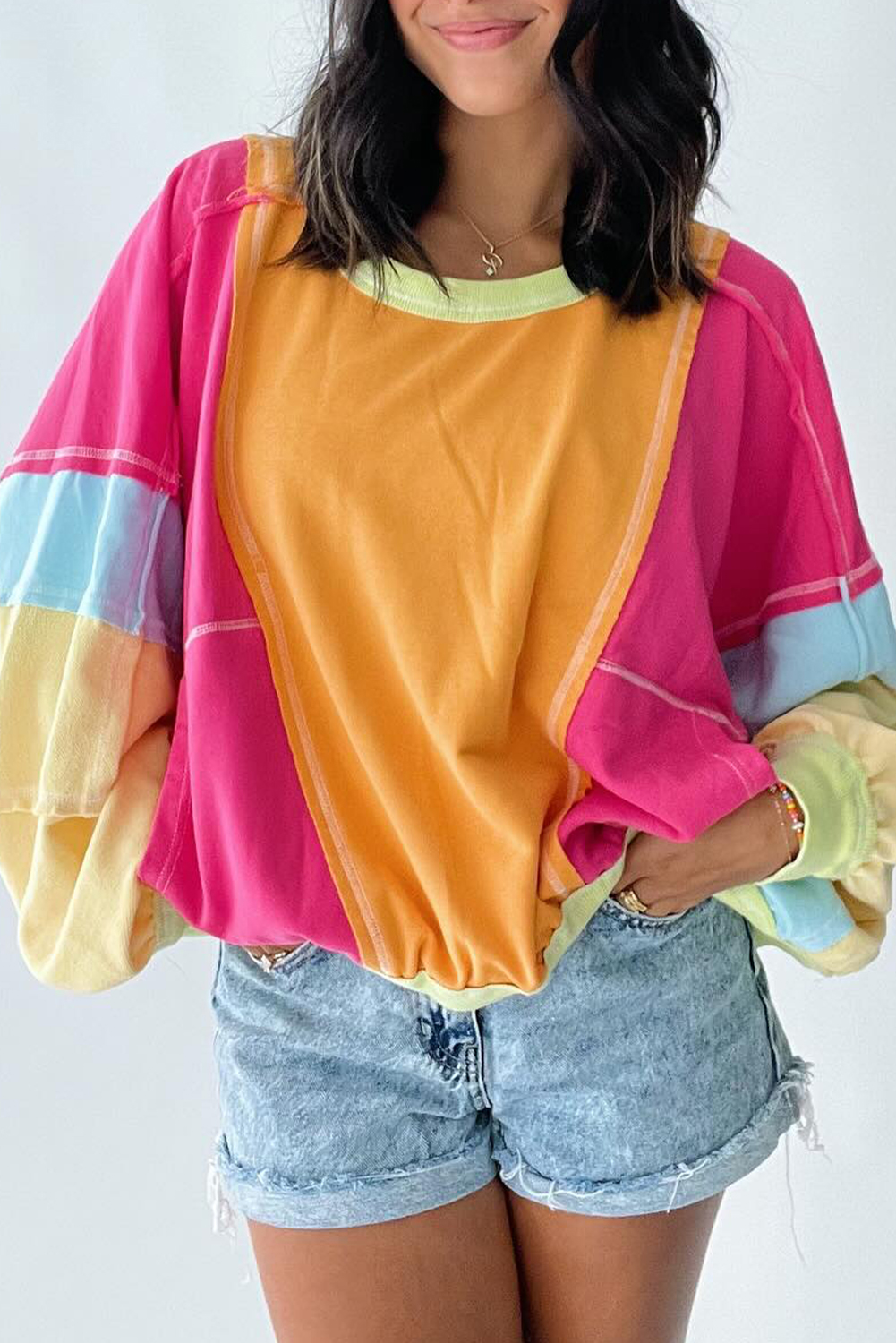 Rose Red Plus Size Colorblock Patchwork Exposed Seam Sweatshirt - loveforevers