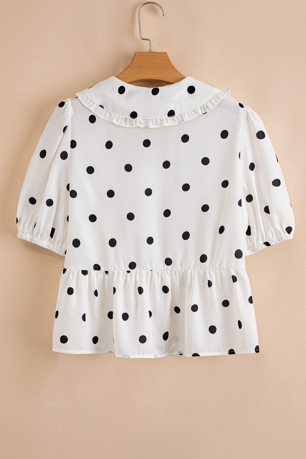 White Polka Dot Collared Lace up Font Puff Sleeve Peplum Top - loveforevers