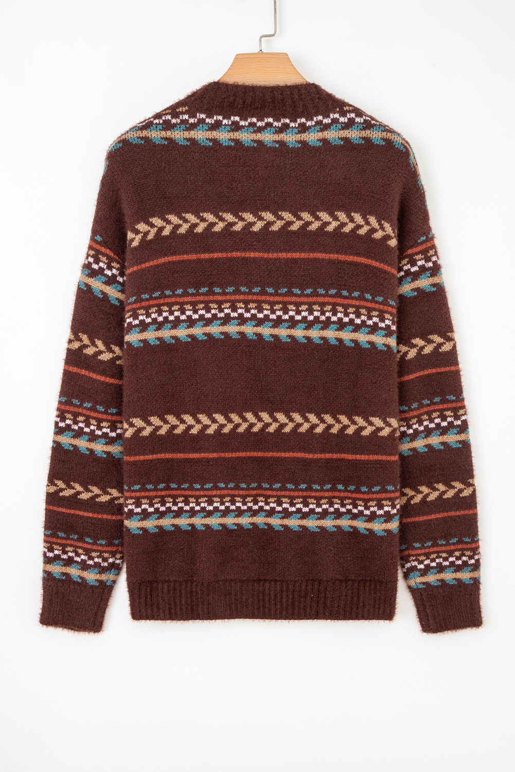 Brown Ethnic Pattern Mohair Knitted Drop Shoulder Sweater - loveforevers