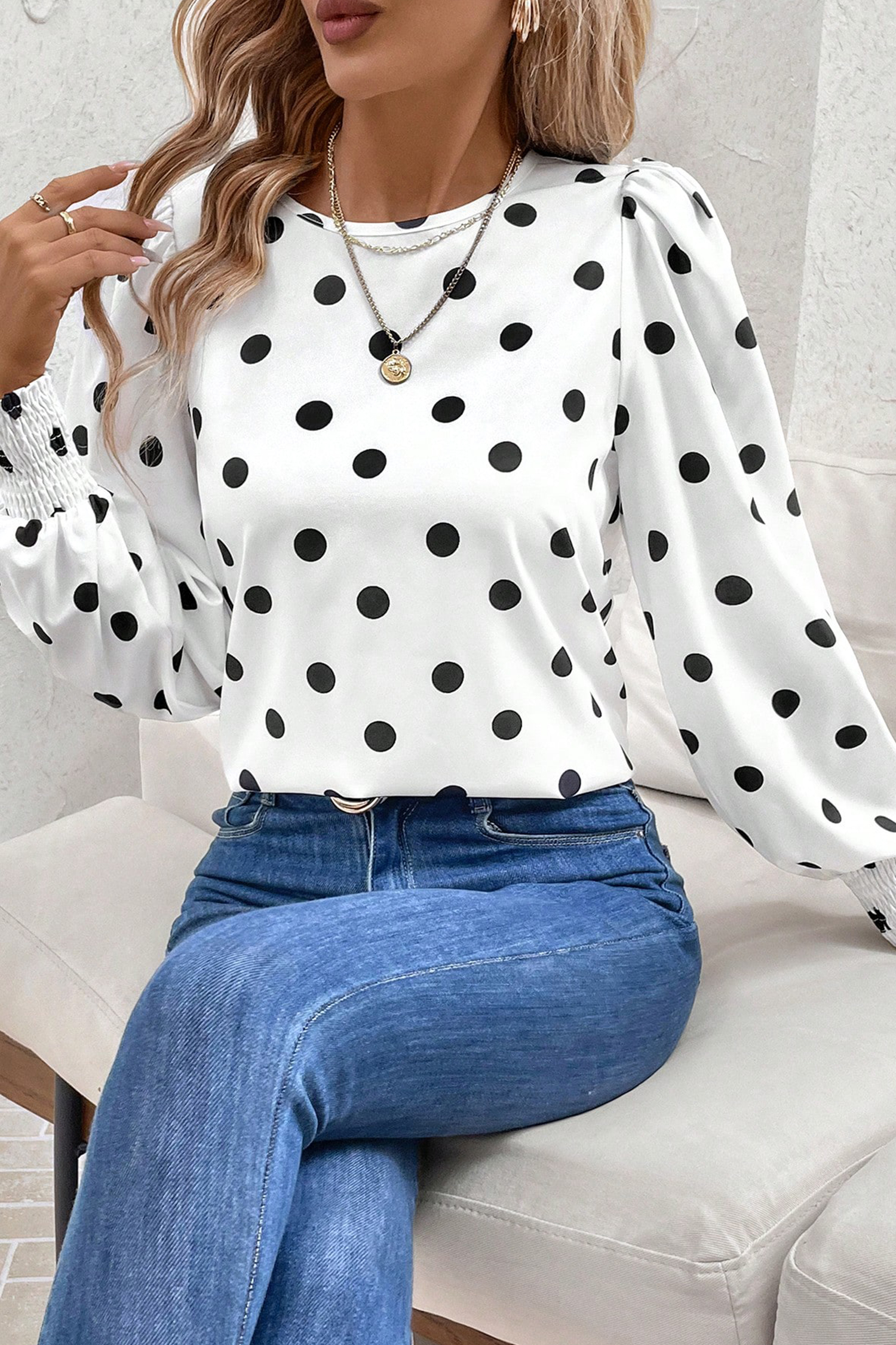 White Polka Dot Print Round Neck Frilled Long Sleeve Blouse - loveforevers