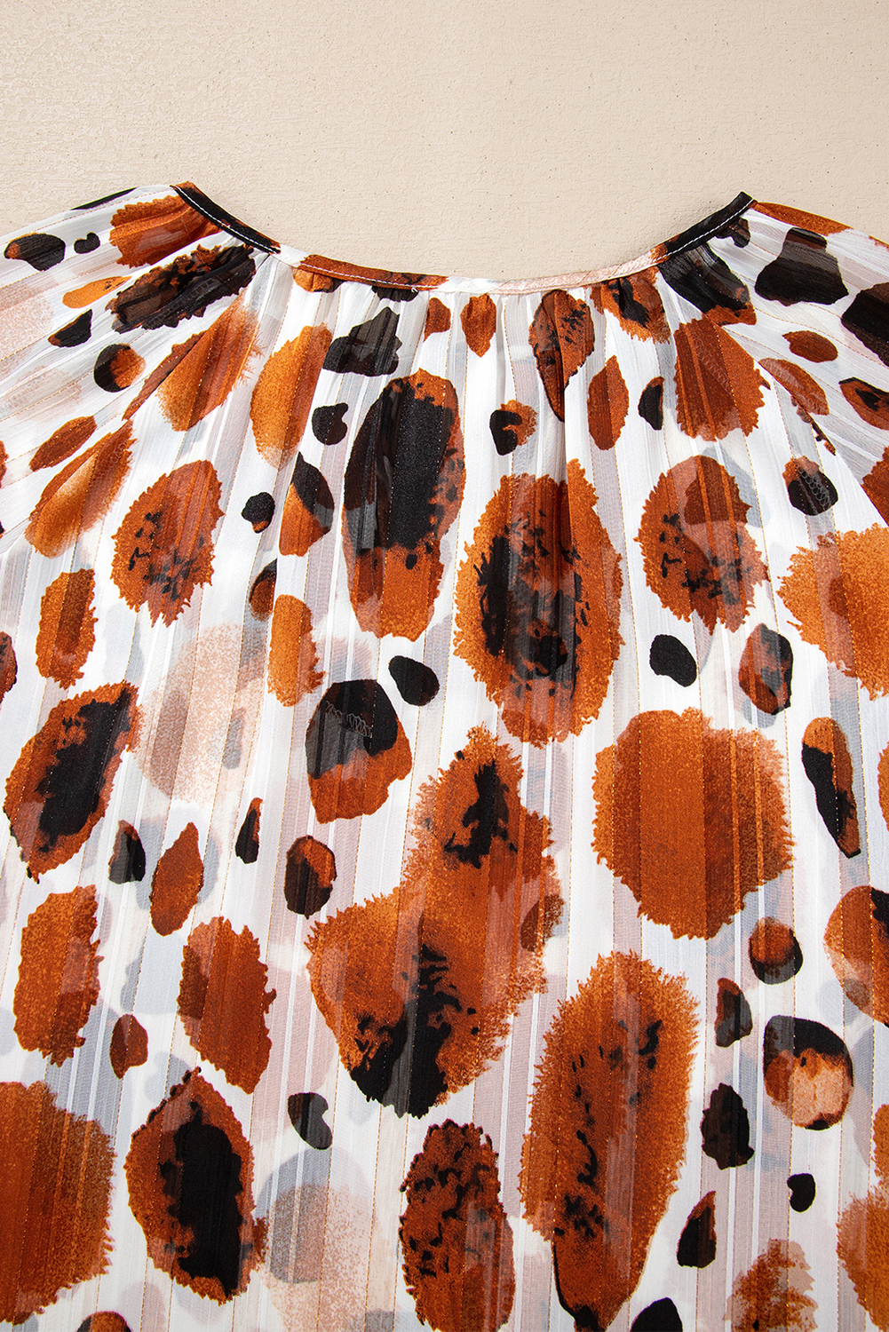 Brown Metallic Threading Accents Pleated Abstract Printed Ruffled 3/4 Sleeve Blouse - loveforevers
