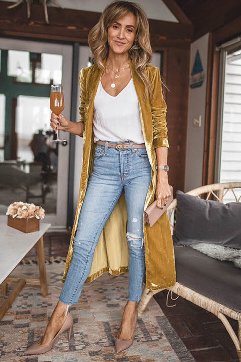 Yellow Velvet Open Front Pocketed Long Duster - loveforevers