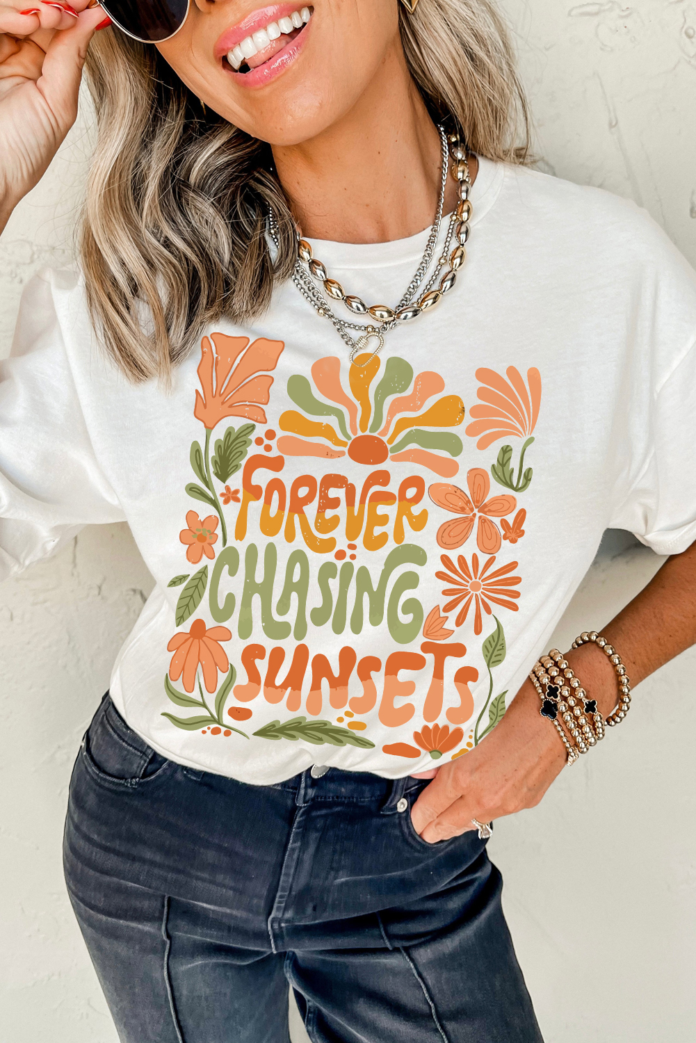 White FOREVER CHASING SUNSETS Floral Print T Shirt - loveforevers