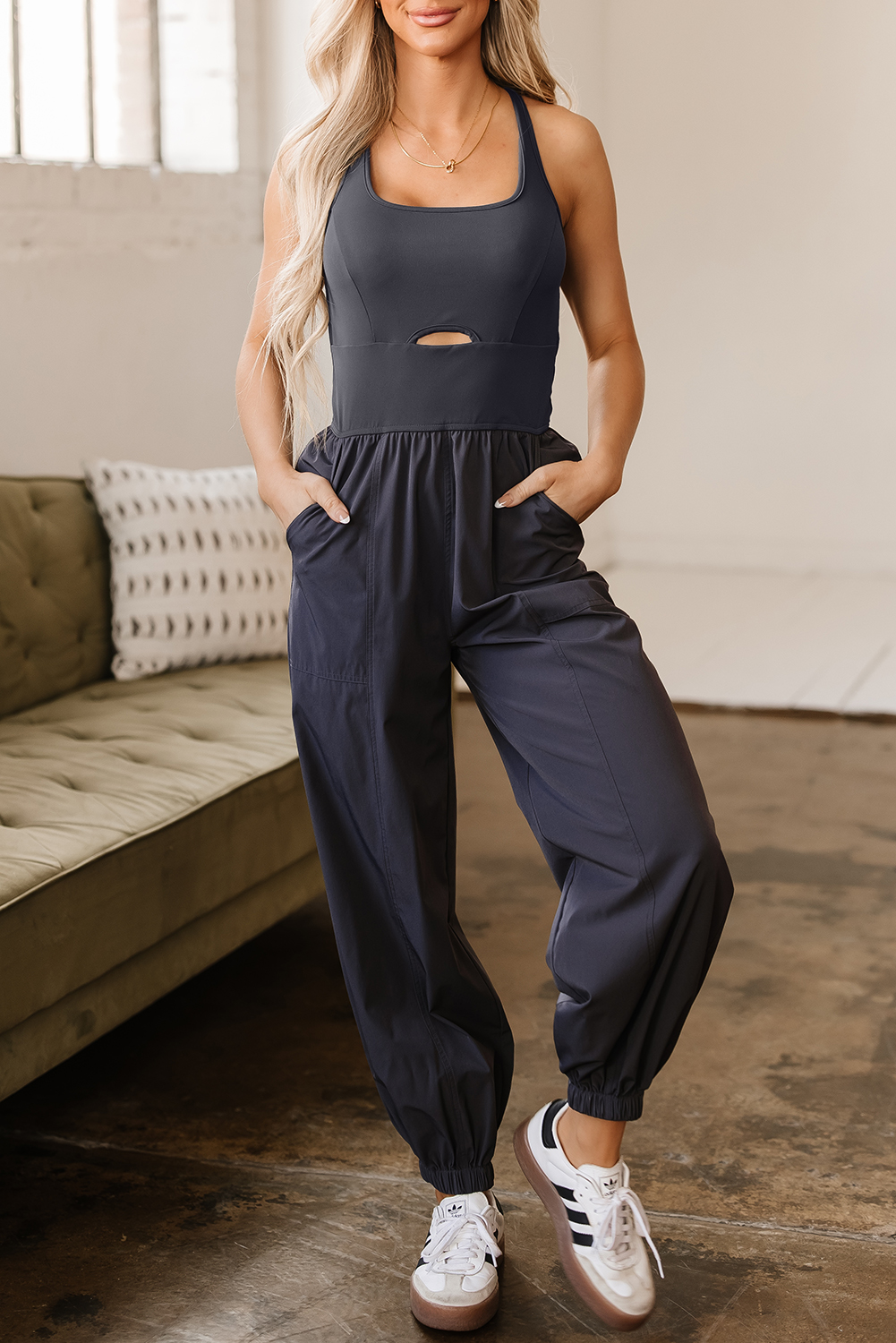 Carbon Grey Back Crossed Straps Hollow Out Jogger Jumpsuit - loveforevers