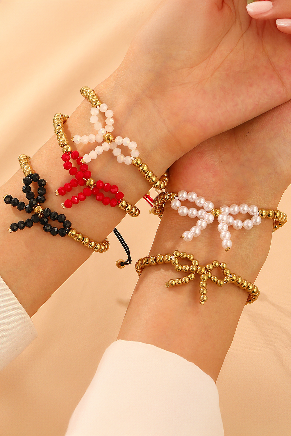White Pearled Bow Knot Plated Beads Adjustable Bracelet - loveforevers