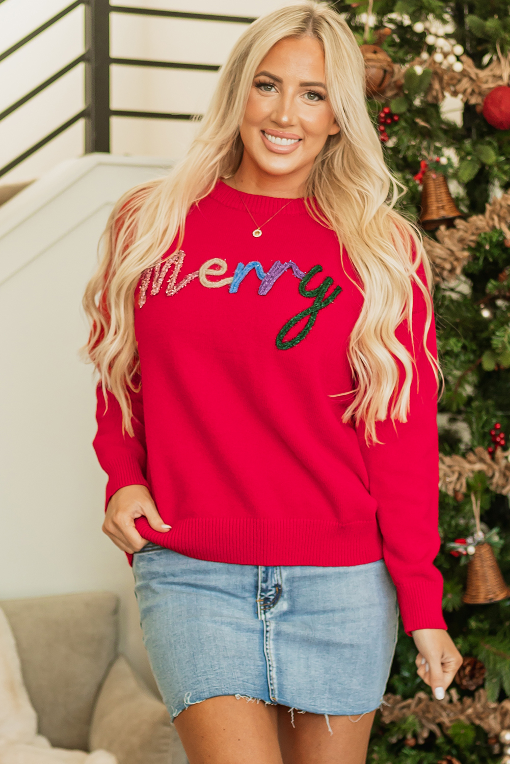 Fiery Red Tinsel Merry Letter Drop Shoulder Baggy Sweater - loveforevers