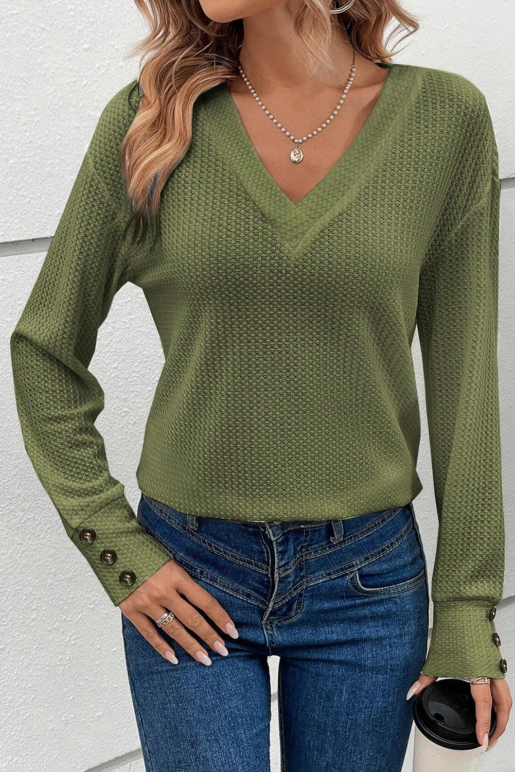 Jungle Green Textured Knit V Neck Button Cuffs Long Sleeve Top - loveforevers