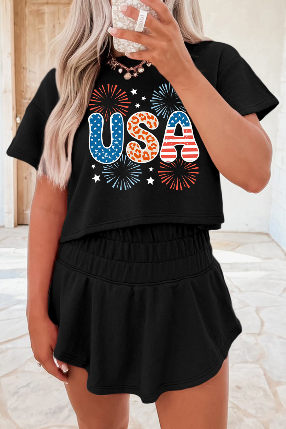 Black Firework USA Graphic Tee and Smocked Waistband Skort Set - loveforevers